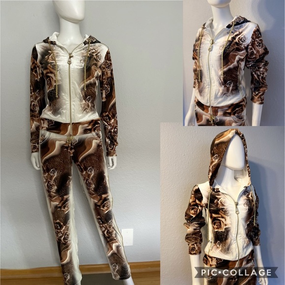 WOMEN PLUS‎ SIZE VELOUR TRACKSUIT SET JACKET/PANTS HOOD FLORAL PRINT LOUNGEWEAR - Picture 1 of 13